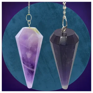 Comparing regular to premium cut amethyst pendulums. Comparing regular amethyst to premium amethyst pendulum.