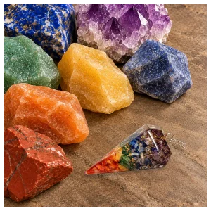 Crystal collection with orgone chakra layered crystal pendulum. Crystal collection with orgone chakra layered chrystal pendulum.