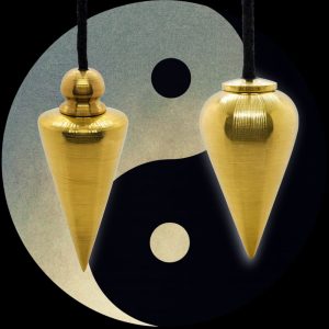 Teardrop and Triangle brass pendulums with Yin-Yang Background.