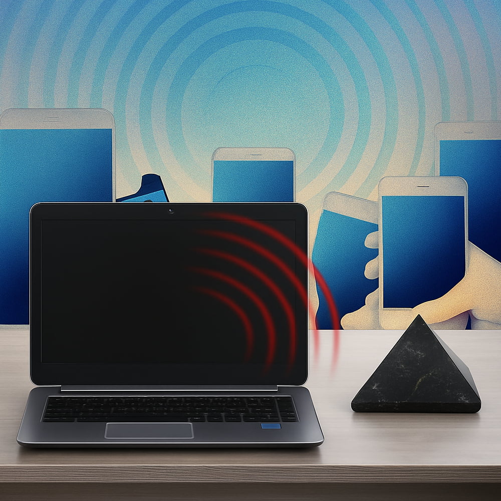 Shungite pyramid on desk with laptop and cell phones in the background.