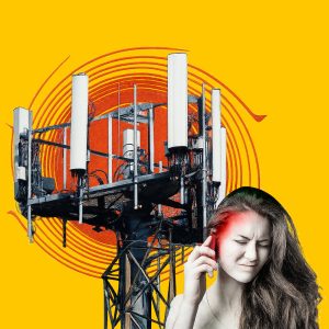 Woman on a cell phone with a 5G tower in the background.