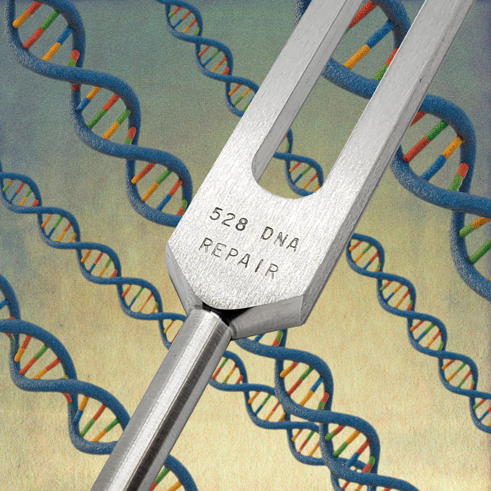 528 Hz DNA Repair Tuning Fork with DNA Background.