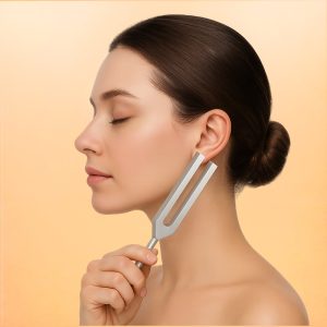 Woman demonstrating how to use the Pineal Gland tuning fork.