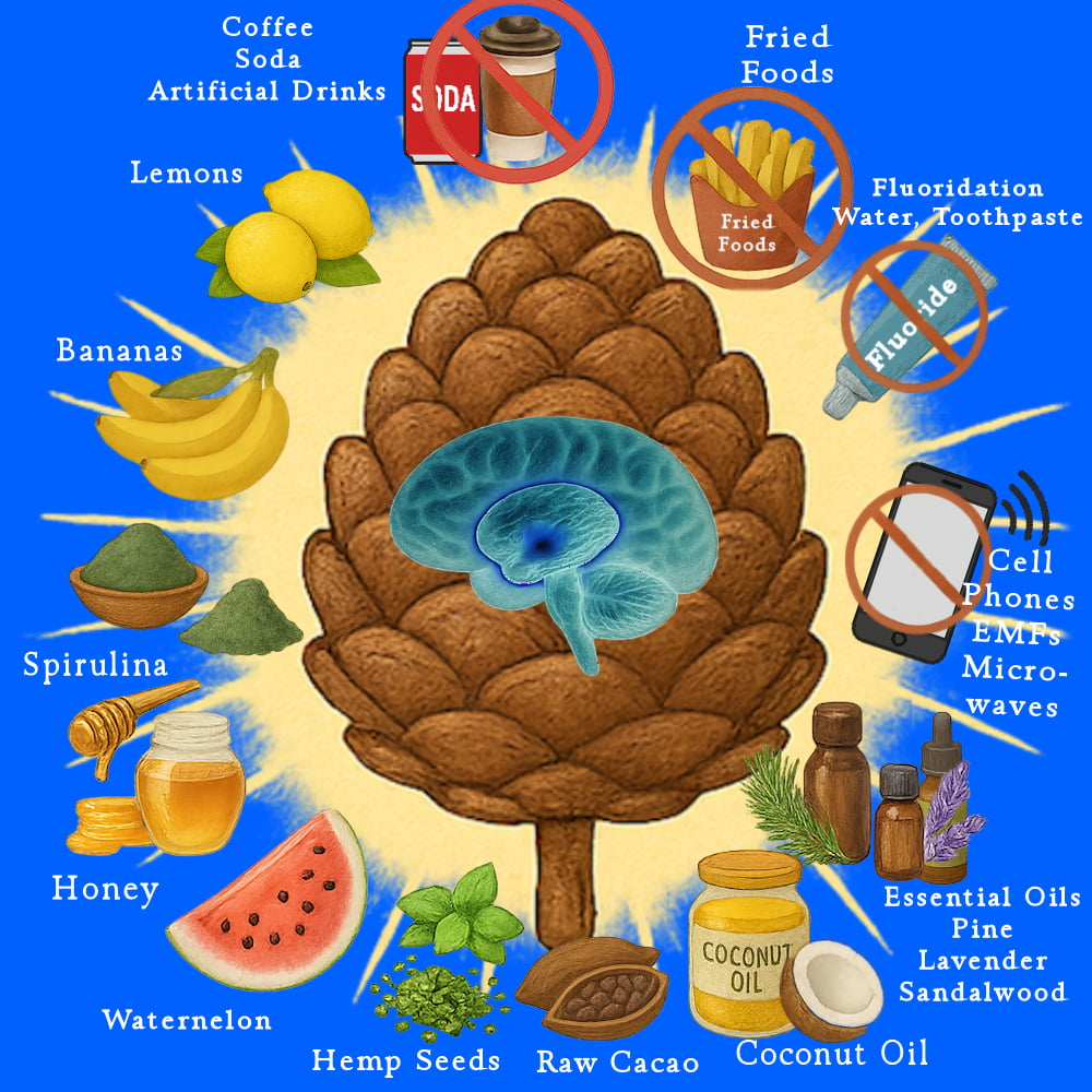 Infographic showing good and bad things that affect the pineal gland.