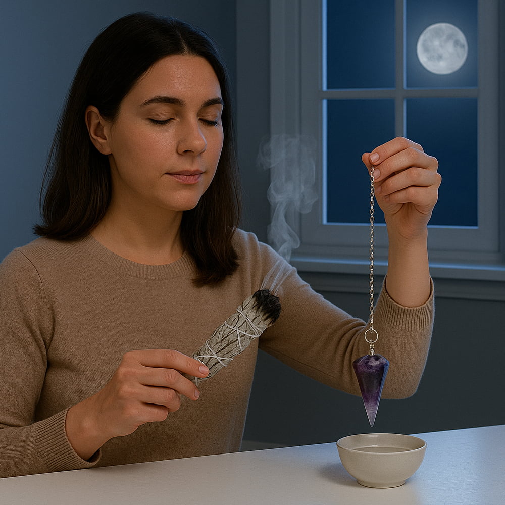 Woman cleansing crystal pendulum. Highlighted are sage smudge, bowl of salt water, and moonlight.