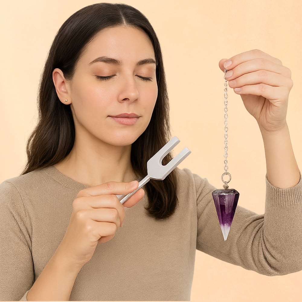 Woman clearing crystal pendulum using the crystal tuner tuning fork.