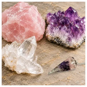 Rose quartz, amethyst and clear quartz crystal with Orgone RA crystal pendulum. Rose quartz, amethyst and clear quartz crystal with orgone RA pendulum.