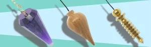 Pendulum Selection: Which Pendulum is Better? Heading image of amethyst, wood and brass pendulum.
