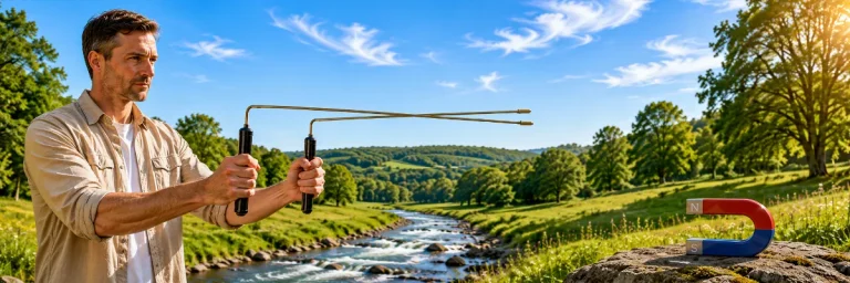Are dowsing rods magnetic? Man with L-rods and magnet.