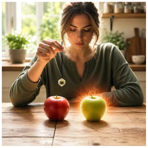 Woman dowsing apples to assess vitality.