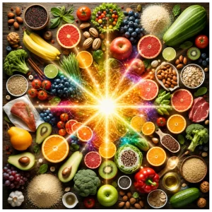 An image of various foods conceptualizing life force.