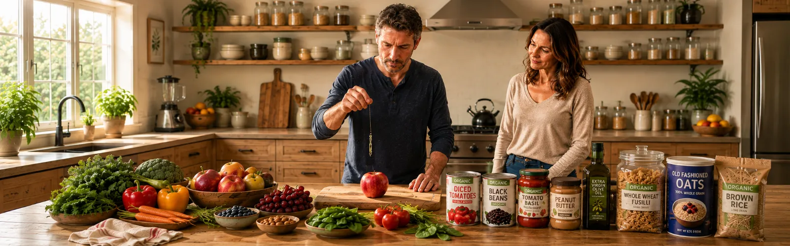 How to Test Food Using a Pendulum. Man testing an apple in the kitchen.