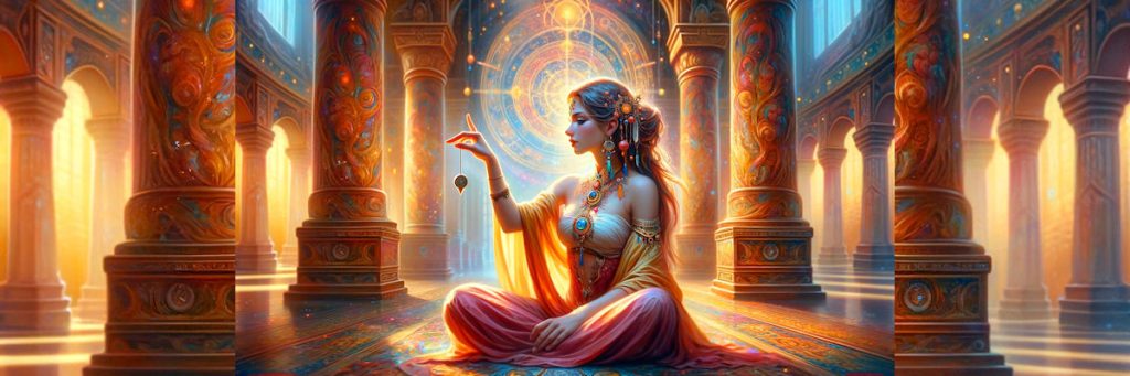Dowsing and Divining. A woman uses a pendulum in a temple setting.