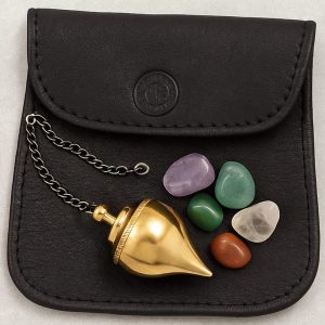 Small Leather Pendulum Pouch with Pendulum and Gemstones.