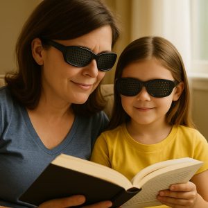 Mother and daughter wearing pinhole glasses and reading a book.
