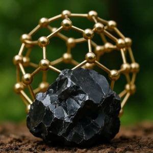 Shungite rock with a 60-carbon structure in background.