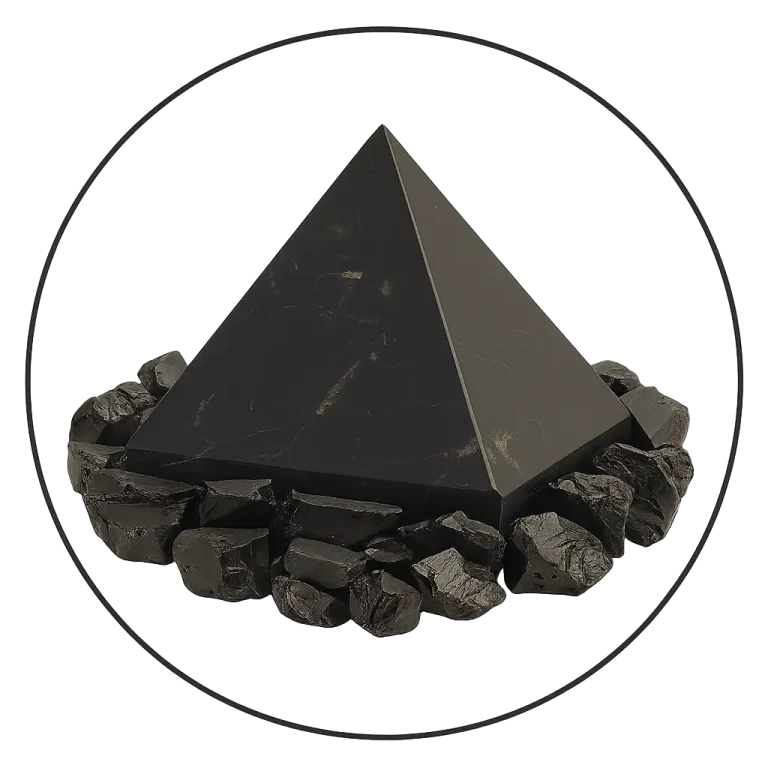 Shungite Pyramid surrounded by shungite stones.