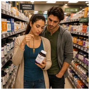 Couple dowsing vitamins in a vitamin store.