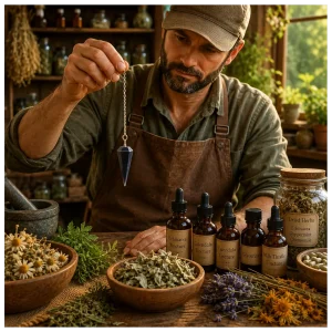 Gardener dowsing herbs for healing value.