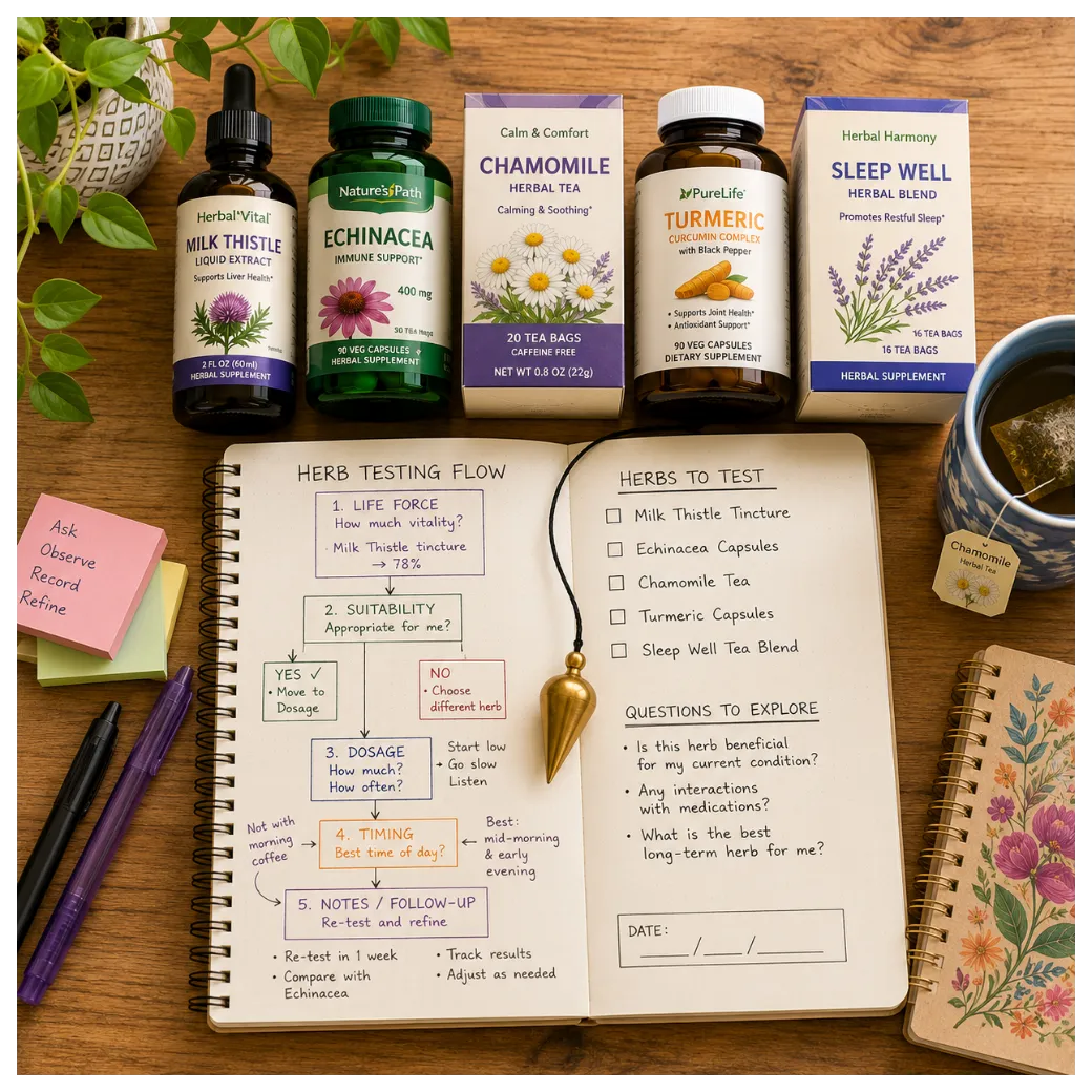 Overhead view of dowsing journal with herbal items to be tested.