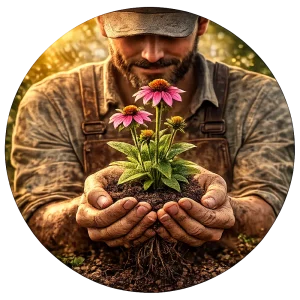 Gardener holding a blooming Echinacea plant in the palms of his hands.