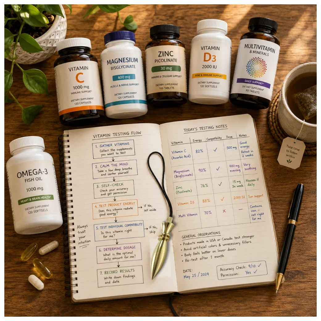 Preparing step-by-step instructions on how to test vitamins using a pendulum.