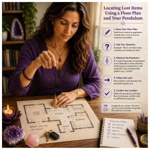 A woman dowsing from a drawing.