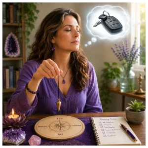 Woman using a pendulum and visualizing her lost car keys.