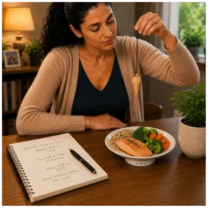 Woman testing a plate of food while vitalizing on the ADR-4 Revitalizer plate.