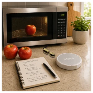 Microeave experiment: Testing an apple that's been microwaved and then placed on the ADR-4 Revitalizer plate.