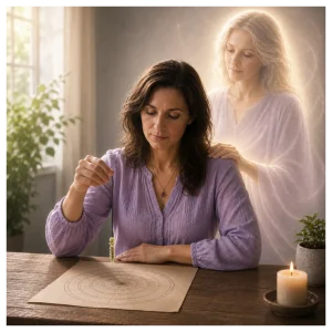 A woman divining showing the concept of an unseen external force giving guidance.