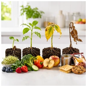 Enzymes Concept: From abundant to depletion. Showing plants and food.