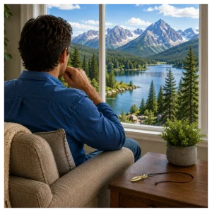 Man reflection on dowsing while looking out a window.