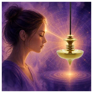 Woman is concentrating on programming her pendulum. Woman is concentrating on programming her pendulum.