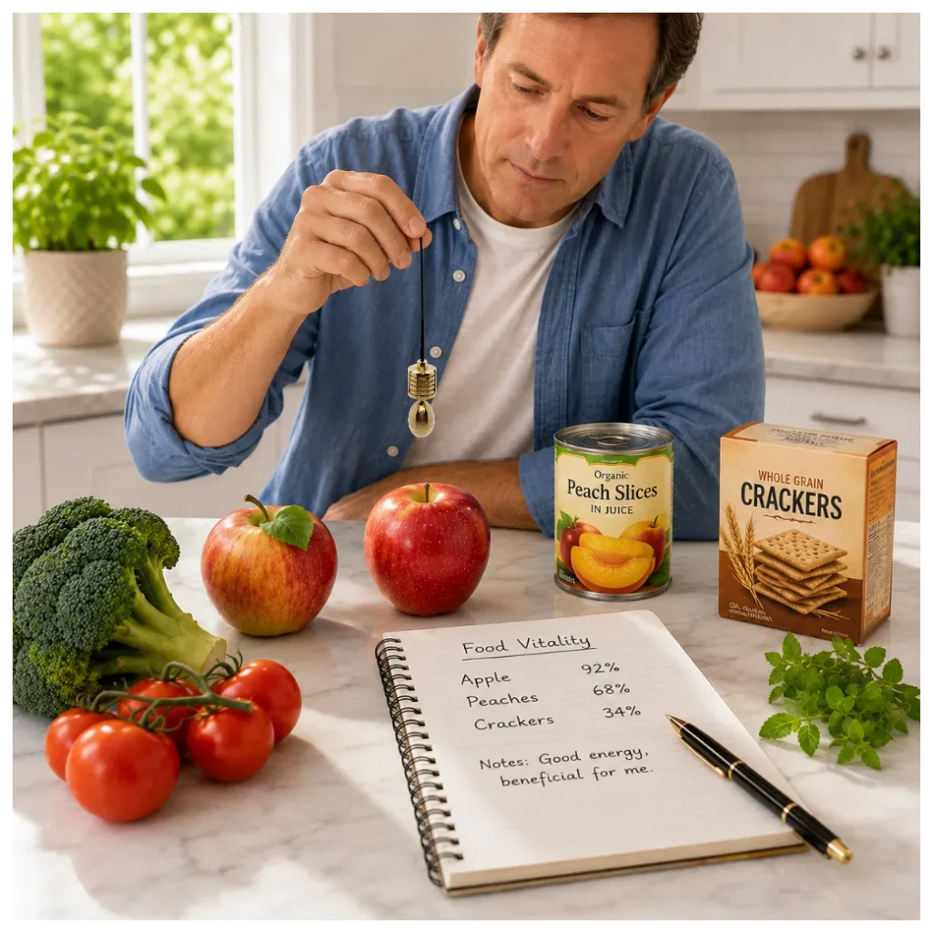 Man testing food using a pendulum.