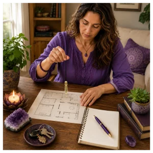 Woman dowsing from a layout drawing.