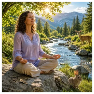 Woman meditating in nature going within for guidance.