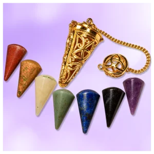 7 piece chakra crystal pendulum dowsing set with crystals shown.