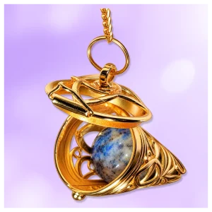 Lid open showing inserted crystal. Pendulum cage with open lid and showing inserted crystal pendulum.