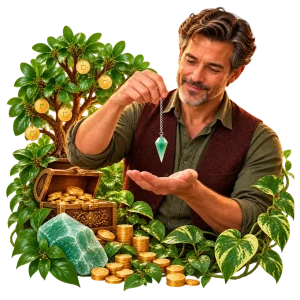 Green aventurine pendulum is good for questions surrounding wealth and abundance. Man with abundance and wealth around him using an aventurine green pendulum.