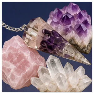 Orgone rose quartz, amrthyst, clear quartz pendulum with crystals. Orgone rose quartz, amethyst and clear quartz pendulum with crystals.
