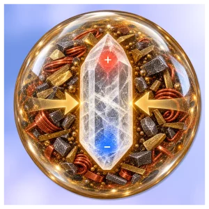 Quartz crystal under pressure in orgonite, illustrating the piezoelectric effect.