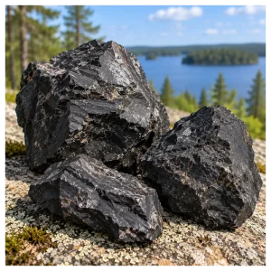 Shungite rocks by lake.