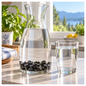 Shungite stones placed in water to prepare shungite water. Shungite stones placed in water to prepare shungite water.