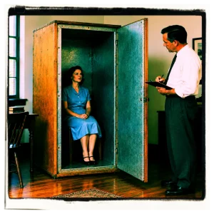 Woman sitting inside an Orgone Energy Accumulator. Woman seated inside a reconstruction of a Wilhelm Reich-style orgone energy accumulator