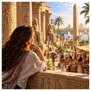 Woman looking over Egyptian harbor. Woman overlooking Egyptian Harbor.