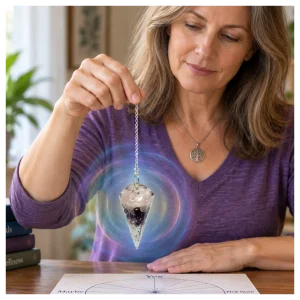 Woman dowsing with an Orgone Pendulum. Woman Using an Orgone Pendulum.