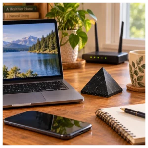A shungite pyramid placed near everyday electronic devices. A shungite pyramid placed near everyday electronic devices.