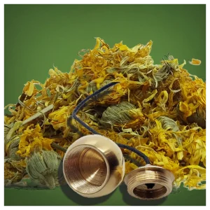 Mermet pendulum revealing open witness chamber and dried calendula flowers. Abbe mermet brass pendulum revealing open witness chamber and dried calendula floers in the background.