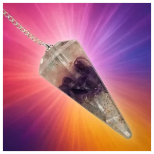 Orgone rose quartz - amethyst - clear quartz crystal pendulum. Orgone rose quartz - amethyst - clear quartz crystal pendulum.